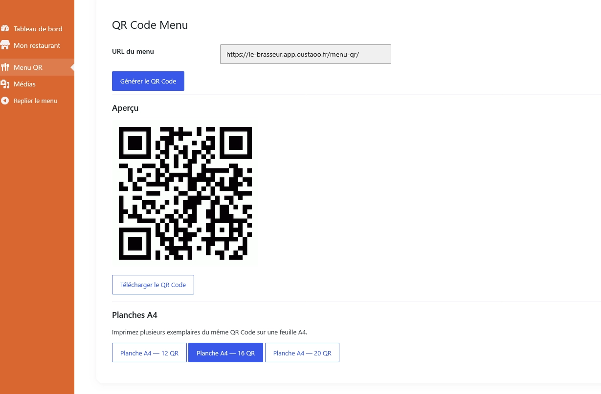 Génération du QR Code dans Menu QR pour votre restaurant