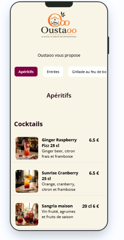 Aperçu du menu digital sur smartphone